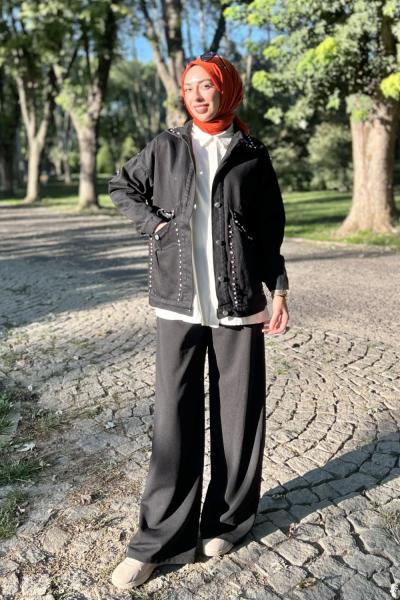 Asya Taşlı Kot Ceket Siyah