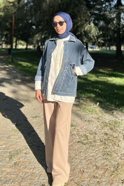 Asya Taşlı Kot Ceket Açık Lacivert