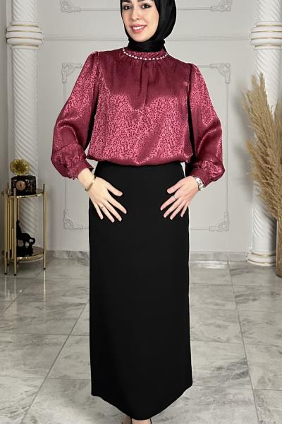 Evsa Saten Bluz Bordo