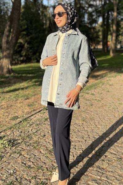 Taşlı Kot Ceket Mavi