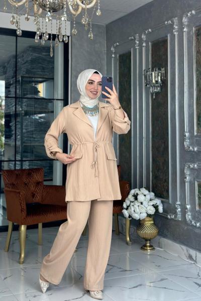 Bürümcük Şal Yaka Takım-Bej