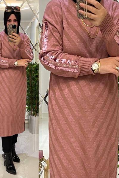 Funda yumuşak simli triko kazak pudra