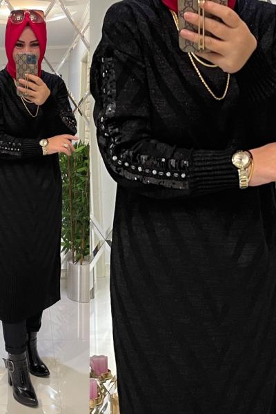 Funda yumuşak simli triko kazak siyah