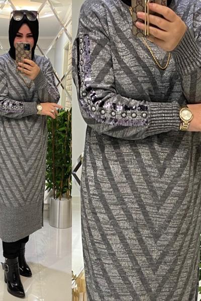 Funda yumuşak simli triko kazak gri